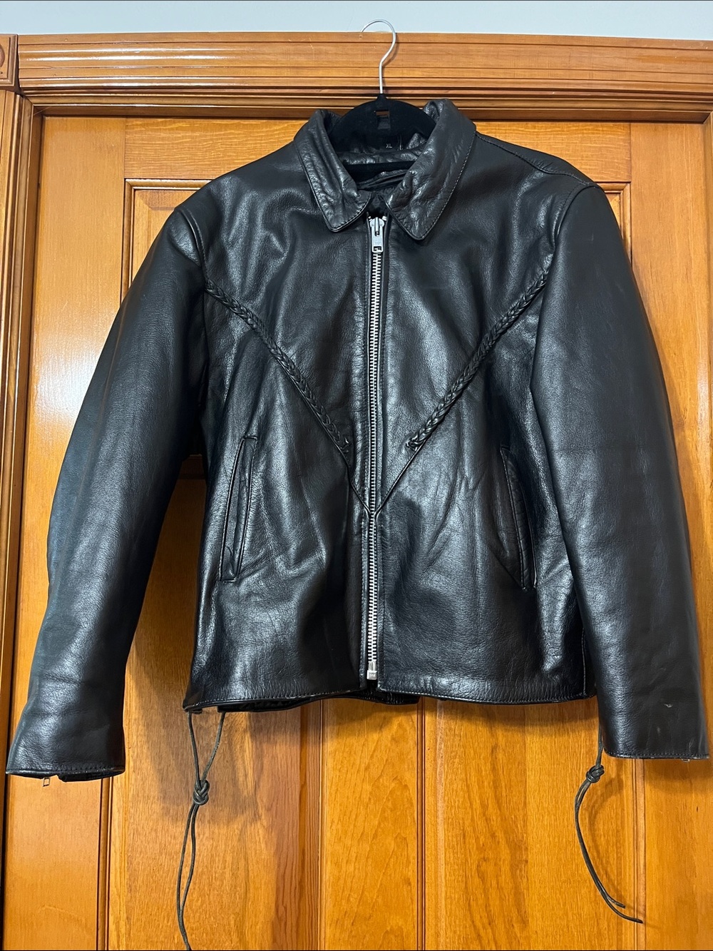 Women's Black Leather Motorcycle Zip-Front Jacket with Braided Detail